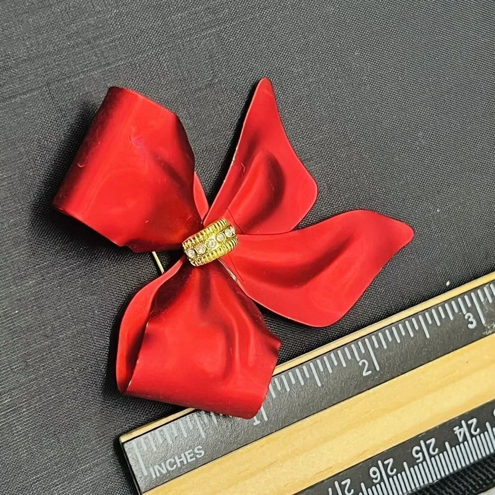 Vintage RED Metalic Satin Bow Ribbon Brooch Pin Crystal Accent Large Matte 1426